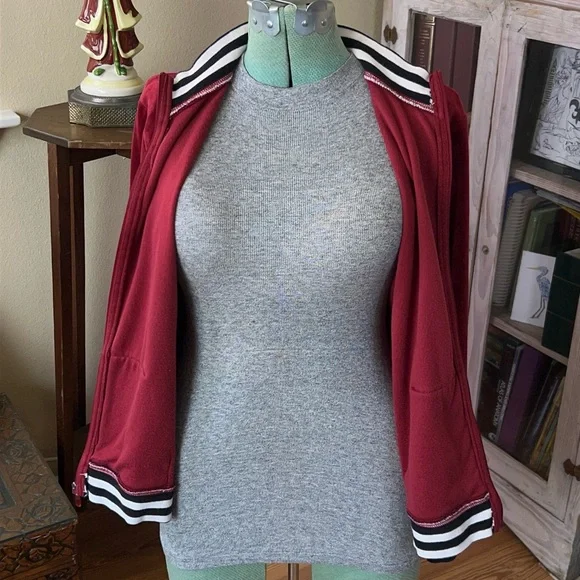 Red Velvet Velour Track Jacket Y2K Emo Soft Grunge Zip Up Striped Collar retro - Picture 5 of 12